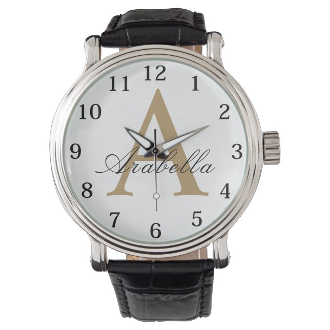 Elegant Zwart Goud  Persoonlijk Monogram  Naam  Horloge (Voorkant)