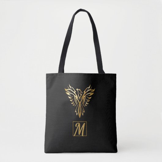 Elegant Zwart Goud Phoenix Rising Mythical Bird Tote Bag (Voorkant)