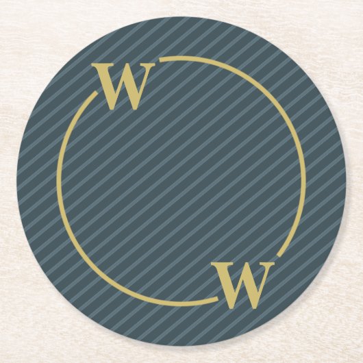 Elegant zwart goud pinstripe monogram ronde kartonnen onderzetter (Voorkant)