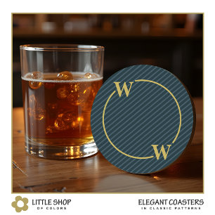 Elegant zwart goud pinstripe monogram ronde kartonnen onderzetter