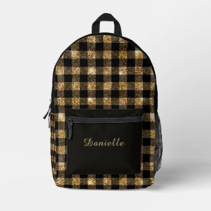 Elegant Zwart & Goud Plaid Tartan met Aangepaste N Bedrukte Rugzak