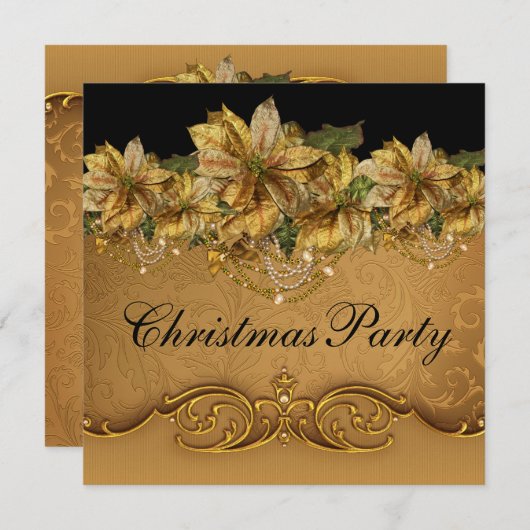 Elegant Zwart Goud Poinsettia Gouden Kerstfeest Kaart (Voorkant / Achterkant)