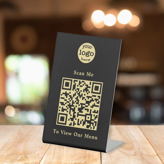 Elegant Zwart Goud QR Code Restaurant Menu Logo Reclamebord Met Voetstuk
