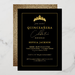 Elegant Zwart Goud Quinceanera 15e Folie Uitnodiging