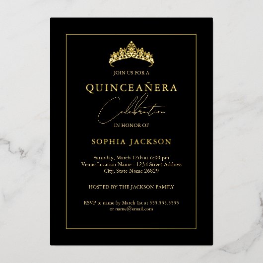 Elegant Zwart Goud Quinceanera 15e Folie Uitnodiging (Voorkant)