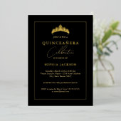 Elegant Zwart Goud Quinceanera 15e Folie Uitnodiging (Staand Voorkant)