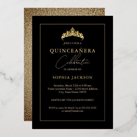 Elegant Zwart Goud Quinceanera 15e Folie Uitnodiging (Voorkant / Achterkant)