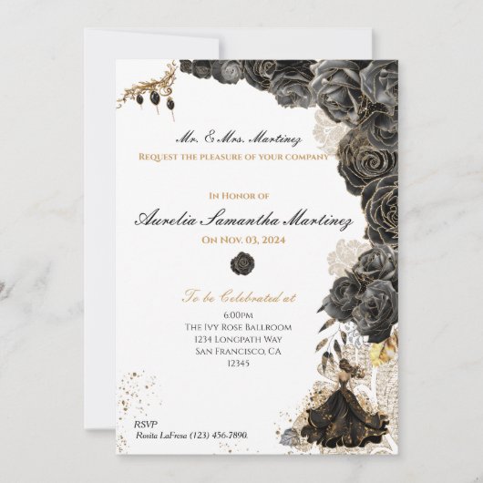 Elegant Zwart & Goud Quinceañera Bloemen Uitnodigi Kaart (Voorkant)