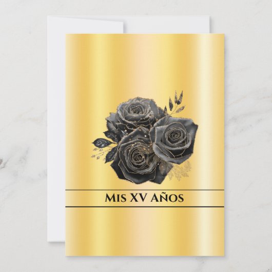 Elegant Zwart & Goud Quinceañera Bloemen Uitnodigi Kaart (Achterkant)