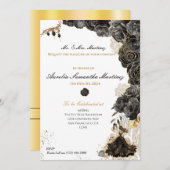 Elegant Zwart & Goud Quinceañera Bloemen Uitnodigi Kaart (Voorkant / Achterkant)