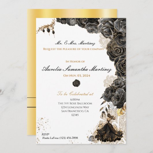 Elegant Zwart & Goud Quinceañera Bloemen Uitnodigi Kaart (Voorkant / Achterkant)