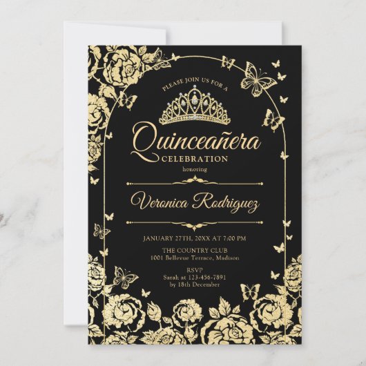 Elegant Zwart Goud Quinceanera Kaart (Voorkant)