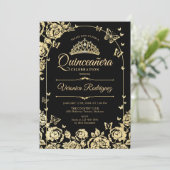 Elegant Zwart Goud Quinceanera Kaart (Staand voorkant)