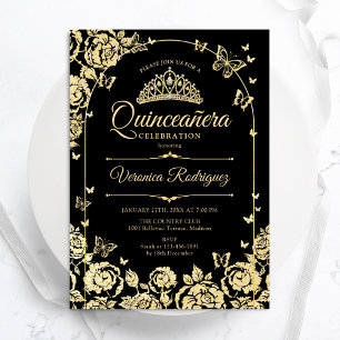 Elegant Zwart Goud Quinceanera Kaart