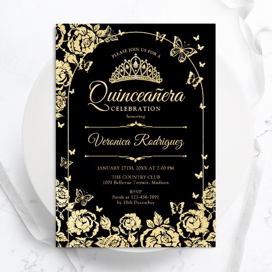 Elegant Zwart Goud Quinceanera Kaart