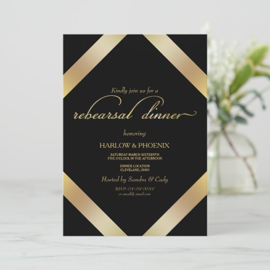 Elegant zwart goud repetitie Diner Uitnodigen Kaart (Staand voorkant)