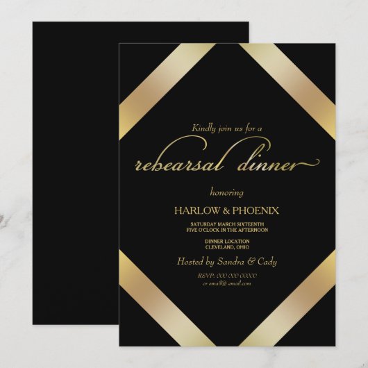 Elegant zwart goud repetitie Diner Uitnodigen Kaart (Voorkant / Achterkant)