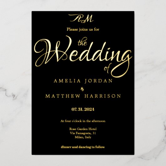 Elegant Zwart Goud Romantische Kalligrafie Bruilof Folie Uitnodiging (Voorkant)