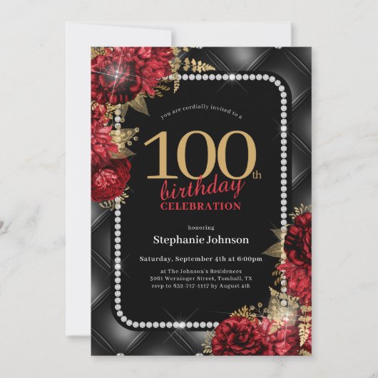 Elegant Zwart Goud Rood Bloemen 100ste Verjaardags Kaart (Voorkant)