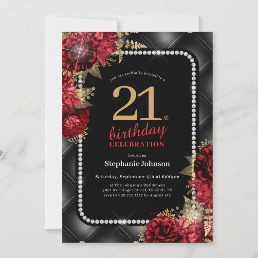 Elegant Zwart Goud Rood Bloemen 21e Verjaardagsfee Kaart (Voorkant)