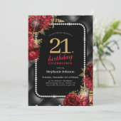 Elegant Zwart Goud Rood Bloemen 21e Verjaardagsfee Kaart (Staand voorkant)