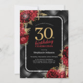 Elegant Zwart Goud Rood Bloemen 30e Verjaardagsfee Kaart (Voorkant)