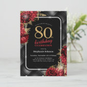 Elegant Zwart Goud Rood Bloemen 80ste Verjaardagsf Kaart (Staand voorkant)