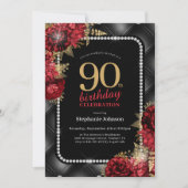 Elegant Zwart Goud Rood Bloemen 90ste Verjaardagsf Kaart (Voorkant)