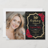 Elegant Zwart Goud Rood Foto 50e Verjaardag Kaart (Voorkant)
