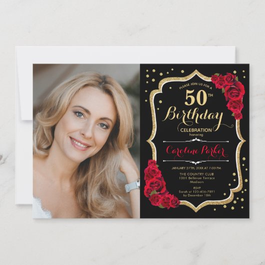 Elegant Zwart Goud Rood Foto 50e Verjaardag Kaart (Voorkant)