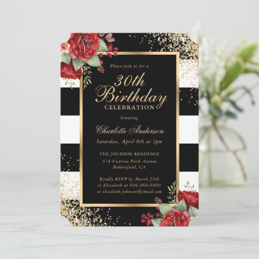 Elegant Zwart Goud Rood Rozen Bloemen 30e Verjaard Kaart (Staand voorkant)