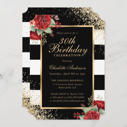 Elegant Zwart Goud Rood Rozen Bloemen 30e Verjaard Kaart (Voorkant / Achterkant)