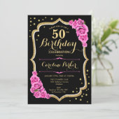 Elegant Zwart Goud Roze Foto 50e Verjaardag Kaart (Staand voorkant)