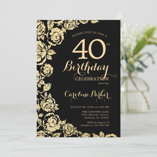 Elegant Zwart Goud Rozen 40ste Verjaardagsfeest Kaart (Staand voorkant)