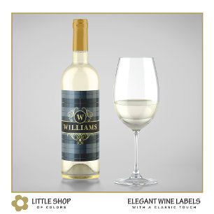 Elegant Zwart Goud Schotse Ruit Monogram Wijn Etiket