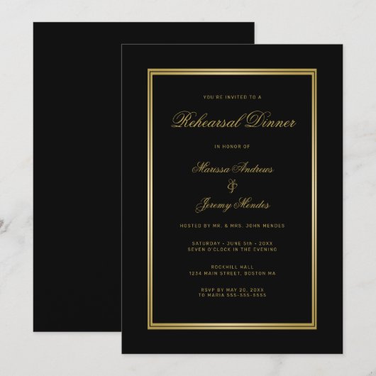 Elegant zwart goud schrift repetitiediner kaart (Voorkant / Achterkant)