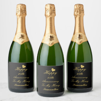 Elegant Zwart Goud Script 25e Happy Jubileum Sparkling Wijnetiket