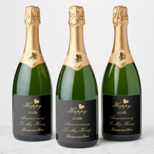 Elegant Zwart Goud Script 25e Happy Jubileum Sparkling Wijnetiket (Flessen)