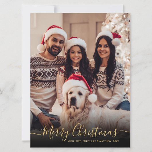 Elegant Zwart Goud Script 2 Foto Kerstmis Feestdagenkaart (Voorkant)