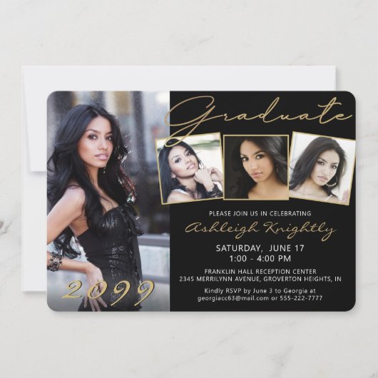 Elegant Zwart Goud Script Afstuderen 4 foto's Kaart (Voorkant)