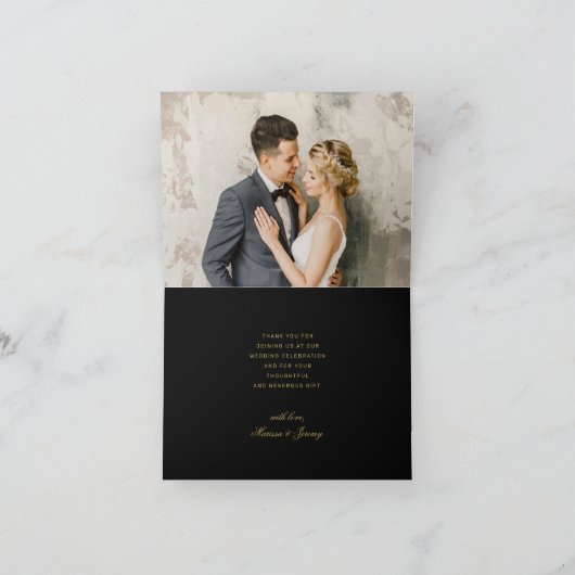 Elegant Zwart Goud Script Binnen Foto Bruiloft Bedankkaart (Binnen)