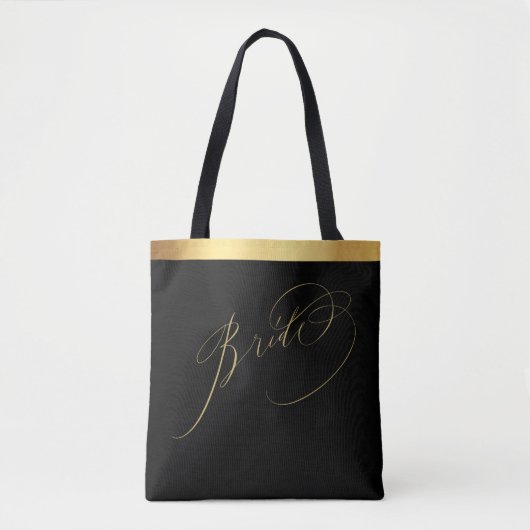 Elegant Zwart Goud Script Bruid Bruiloft Canvas ta Tote Bag (Voorkant)