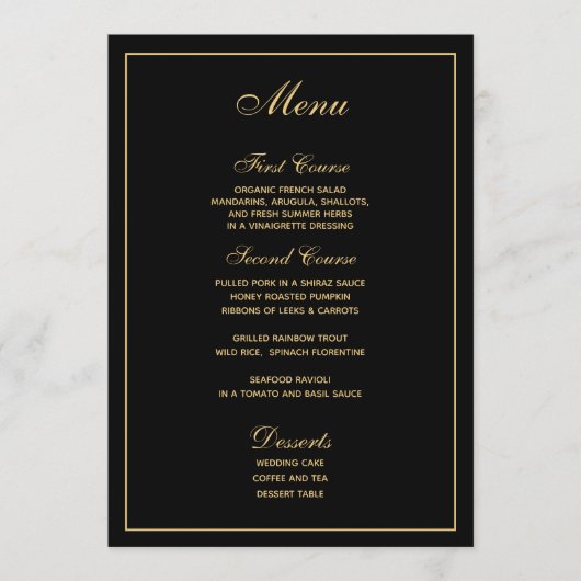 Elegant Zwart Goud Script Bruiloft Menu (Voorkant)