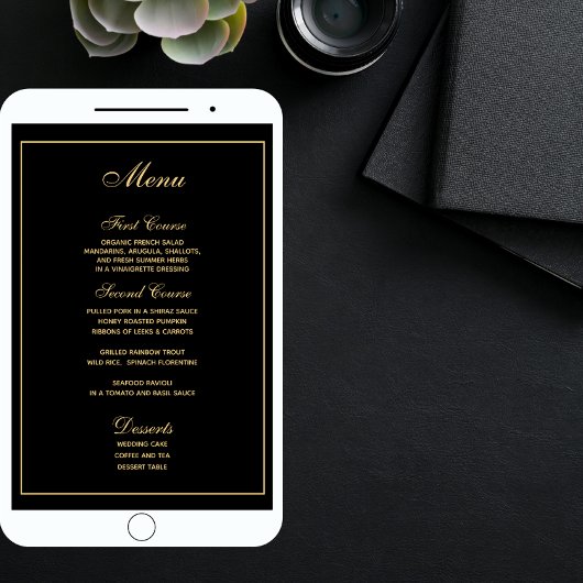 Elegant Zwart Goud Script Bruiloft Menu