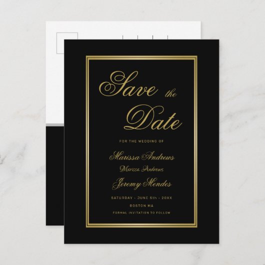 Elegant Zwart Goud Script Bruiloft Save the Date Aankondigingskaart (Voorkant / Achterkant)