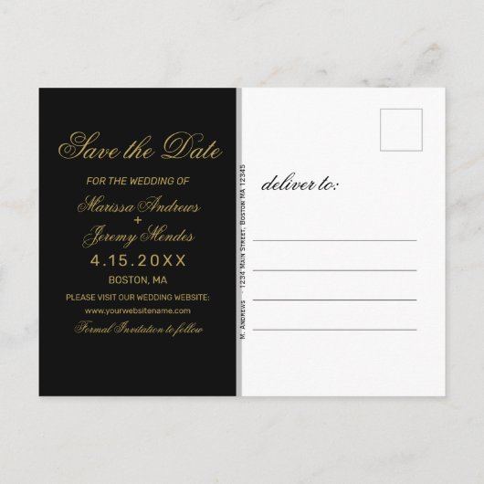 Elegant Zwart Goud Script Bruiloft Save the Date Aankondigingskaart (Achterkant)