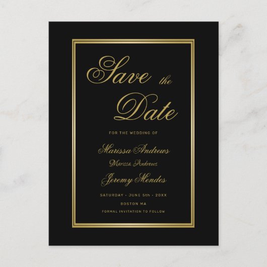 Elegant Zwart Goud Script Bruiloft Save the Date Aankondigingskaart (Voorkant)