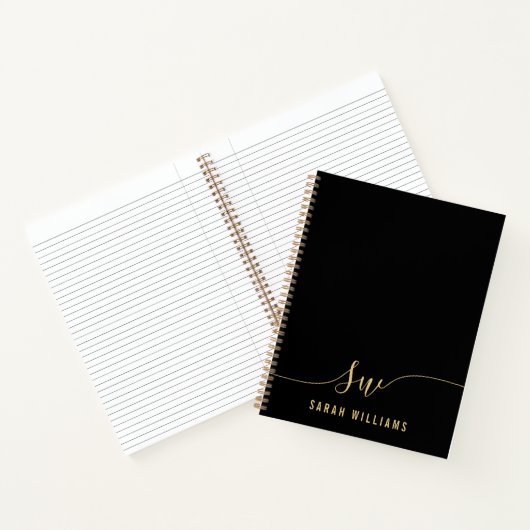 Elegant Zwart Goud Script Initiaal Monogram Notitieboek (Binnen)