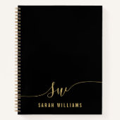 Elegant Zwart Goud Script Initiaal Monogram Notitieboek (Voorkant)