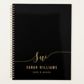 Elegant Zwart Goud Script Initiaal Monogram Planner (Voorkant)